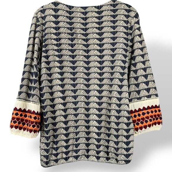 Lucky Brand Top Womens XS Beige/Navy Cotton Linen Embroidered Peasant Pullover - Picture 5 of 8